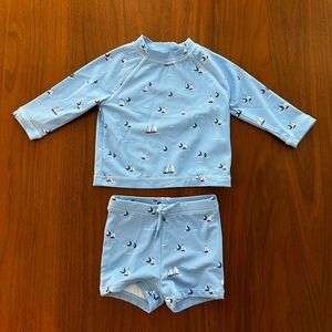 Janie & Jack baby boy Blue Sailboat rash guard long sleeve Swim Set size 3-6 mth